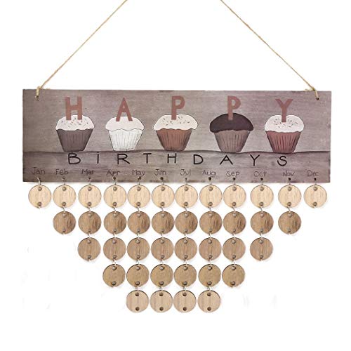 Product Cover Alishebuy Wood DIY Reminder Calendar, Wooden Birthday Reminder Board, Wooden Family Birthday Calendar with Tags for Home Bar Wall Decoration