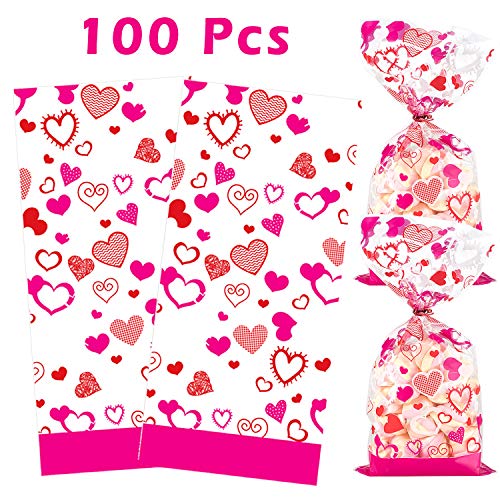 Product Cover Whaline Valentine Cellophane Bags, 100 Pieces Candy Treat Bags with 100 Twist Ties, Valentines Goodie Bags Plastic Clear Cello Bags Party Favor Gifts Bags (Small Hearts)
