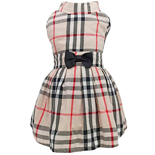 Product Cover Classic Plaid Dog Dress - Cute Puppy Clothes Outfit with Bow Design for Dogs Cats, Beige Small