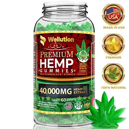 Product Cover Hemp Gummies 40000 mg High Potency Premium - Stress & Anxiety Relief - Natural & Safe Oil Gummies - Mood Enhancer & Immune Support - Rich in Vitamins B, E & Omega 3-6-9, Made in USA - 100%