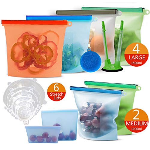 Product Cover 16 Pack Reusable Silicone Food Bags Storage & Silicone Stretch Lids, Airtight Seal Eco Friendly Reusable Food Preservation Bag, Silicone Bags for Kid's Lunch, Snack, Sandwich, Liquid, Meat, Vegetable