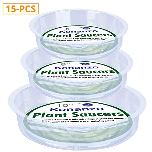 Product Cover Konanzo Plant Saucer 15 Pack of Clear Plastic Saucers Drip Trays in Assorted Sizes (6 inch/8inch/10inch) Flower Pot Tray for Indoors & Outdoor Plants or Planter pots.