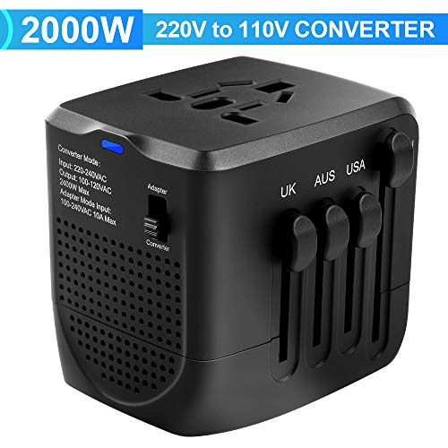 Product Cover Power Converter Adapter Combo, 2000w 220v to 110v Power Converter, European Power Converter and Adapter, Travel Adapter and Converter, for UK, EU, AU, US Over 200 Countries (Black)