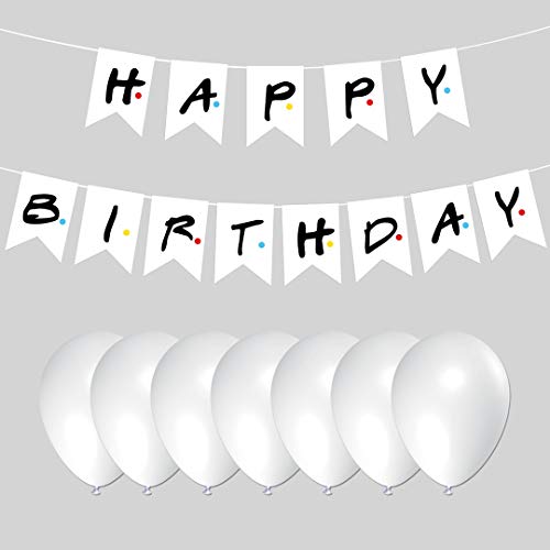 Product Cover Friends TV Show Happy Birthday Party Banner and 10 PCS whites Balloons 12 Inches Latex Balloons, Friends Theme Party Banner and Balloons Ideal for Friends Fan Birthday Party Decorations Supplies
