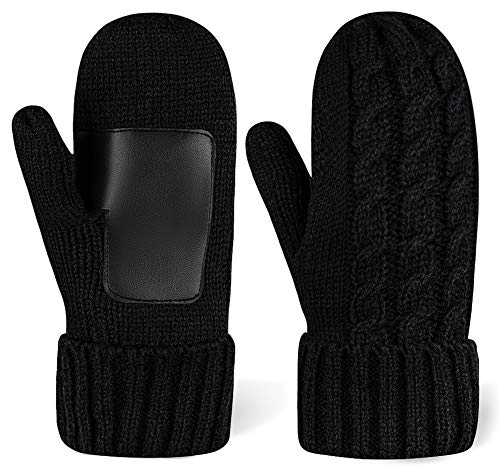 Product Cover Winter Mittens for Women - Cold Weather Black Chunky Knit Thermal Gloves - Thick Snow Mitts with Warm Fleece Lining