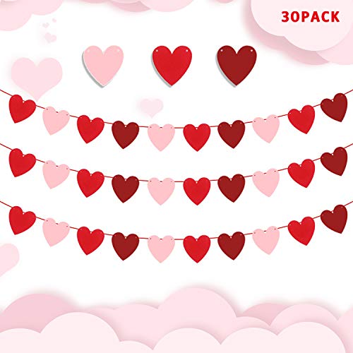 Product Cover Felt Heart Garland Banner - Valentines day Banner Decor - Valentines Decorations - Anniversary, Wedding, Birthday Party Decorations - Red, Rose Red and Light Pink Color, for Home Office Decor