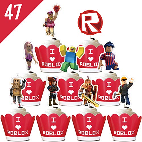 Product Cover 47 Liners Cupcake Toppers for Roblox Cake Topper Birthday Party Supplies Cake Wrappers Decorations Set for Children