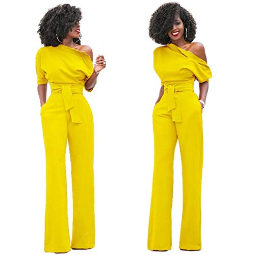 Product Cover Geciea Women Casual Oblique Collar Short Sleeve Solid High Waist Jumpsuits Jumpsuits & Rompers Yellow