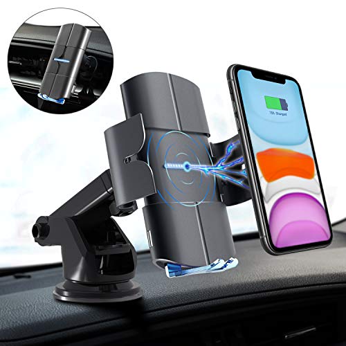 Product Cover Blinkbrione Wireless Car Charger, Voice Prompt 10W Qi Fast Charging, Auto Clamp Mount Holder, Windshield Dashboard Air Vent, Compatible with iPhone Samsung Wireless and Non-Wireless Phones- Space Gray