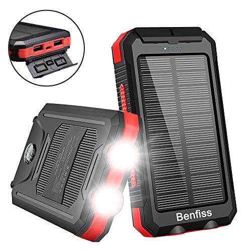 Product Cover Solar Charger, Benfiss 20000mAh Portable Outdoor Waterproof Solar Power Bank with 2 Led Light Flashlights and Dual 5V USB Output Ports, External Backup Battery for Camping for Tablet Smartphones