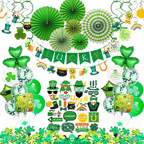 Product Cover St Patricks Day Decorations, 92 Pcs St Patricks Day Accessories for Irish Party Supplies - Including Hanging Swirl, Paper Fan, Luck Banner, Photo Booth Props, Confetti and Balloon