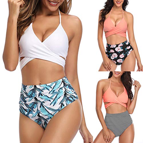 Product Cover Yalasga Women High Waisted Bikini Swimsuit Hawaii Print Push-Up Halter Bandage Two Piece Bathing Suits