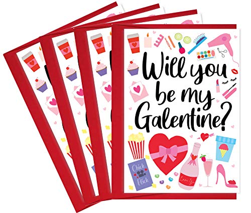 Product Cover Tiny Expressions 4 Happy Galentines Day Cards for Friends with Red Envelopes (4 Galentine's Day Cards)