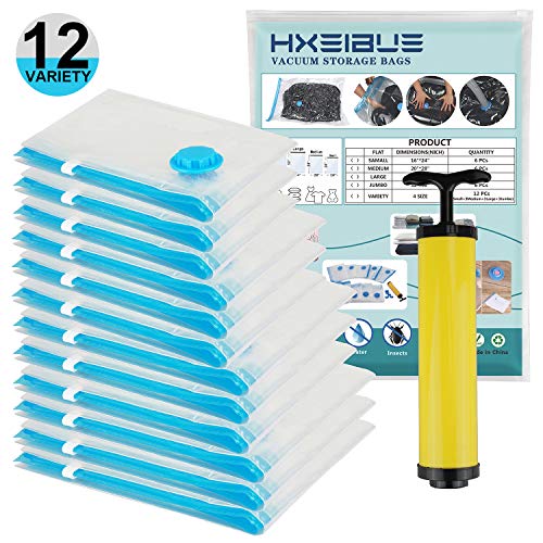 Product Cover HXEIBUE Vacuum Storage Bags (3 x Small,3 x Medium,3 x Large,3 x Jumbo) with Free Hand-Pump, Vacuum Sealer Bags & Double Zip Locks for Clothes,Pillows,Blankets,Comforters,Towel,Mattress(12 Pack)