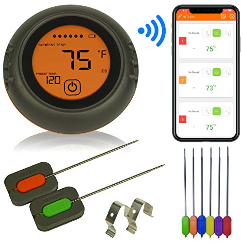 Product Cover Wireless Meat Thermometer for Grilling, 6 Probes, Digital Cooking BBQ Bluetooth Thermometer for Smoker, Oven Meat Thermometer, Magnet, Timer, Alarm for Kitchen, Food, Black