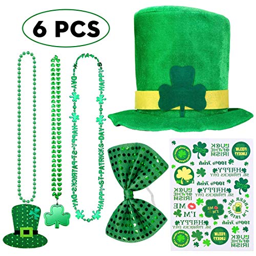 Product Cover St. Patrick's Day Decorations Party Favor Supplies, Shamrock Beads Necklace, Green Shamrock Hat,Tattoos St Patricks Day Stickers/Shamrock Clover Tattoo, Bow Tie/Headband, St. Patrick's Day Parade Accessories Set