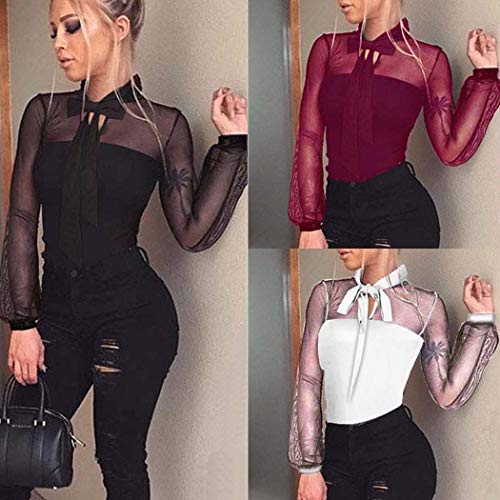 Product Cover Geciea Women Casual Bow Tie Stand Collar See Through Bodysuit Jumpsuits & Rompers Black