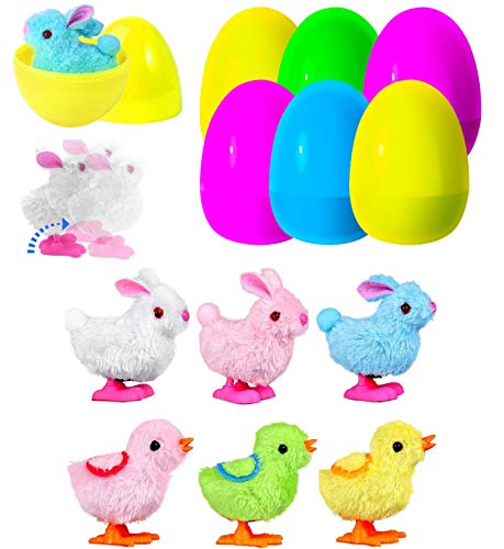 Product Cover PTFNY 6 Pack Toys Filled Easter Eggs Filled with 6 Easter Eggs with 6 Wind-Up Cute Colorful Bunnies and Chicken Toys (Muticolor)