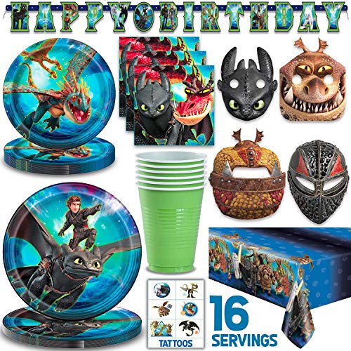 Product Cover How To Train Your Dragon Party Supplies for 16 - Large Plates, Dessert Plates, Napkins, Masks, 