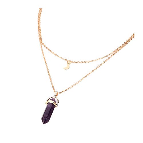 Product Cover SuperXC Hexagonal Chakra Crystal Bullet Shape Gemstone Pendant Necklaces Pointed Quartz Stone Chain Necklaces Purple