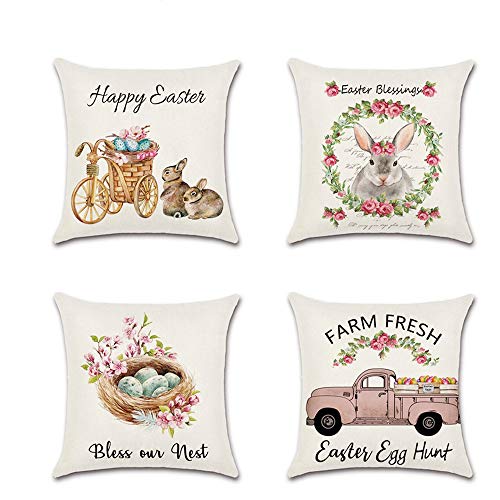 Product Cover Beatrbior 4 Pcs New Easter Theme Cute Rabbit Pillowcase Eggs Home Decorative Cotton Linen Throw Pillow Case 18