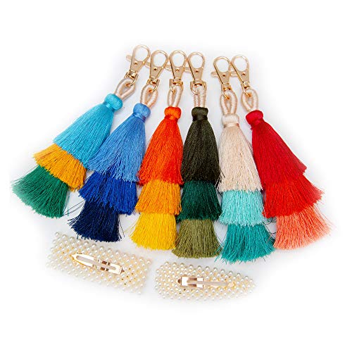 Product Cover Colorful Tassel Boho Pom Pom Intense Vibrant Colors Womens Accessories Soft Handmade Charm Keychain. Set Of 6 Style Multicolored Bohemian Bag Pendants