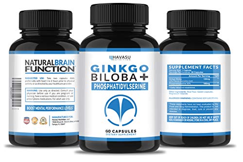 Product Cover Havasu Nutrition Ginkgo Biloba & Phosphatidylserine Brain Supplement - Supports Focus, Memory, Brain Function & Mental Performance - Supports Brain Cell Activity & Fights Decay, Non-GMO, 60 Capsules