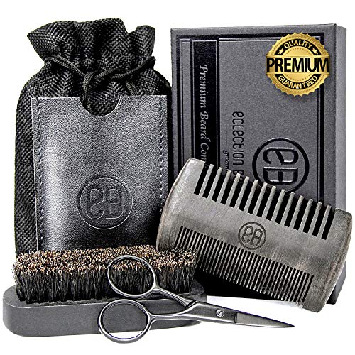 Product Cover Beard Comb & Beard Brush Set, Authentic Sandalwood Dual Action Comb & Case, Natural Boar Bristle Brush, Mustache Trimming Scissors, Linen Pouch Bag, Gift Box Set for Men's Grooming Care