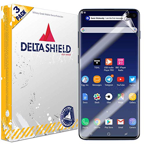 Product Cover DeltaShield Screen Protector for Samsung Galaxy S10 Plus (S10+ 6.4 inch) (3-Pack) (Case Friendly B) BodyArmor Anti-Bubble Military-Grade Clear TPU Film