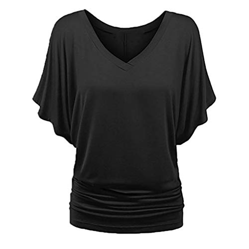 Product Cover URIBAKE Tops for Women Short Sleeve Fashion Plus Size Blouse Solid Color V-Neck Batwing Sleeve Fold Hem Loose T-Shirt