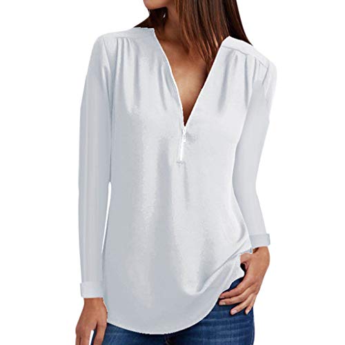 Product Cover Womens Casual Solid Blouse Summer Loose Vest V- Neck Zipper Loose T-Shirt